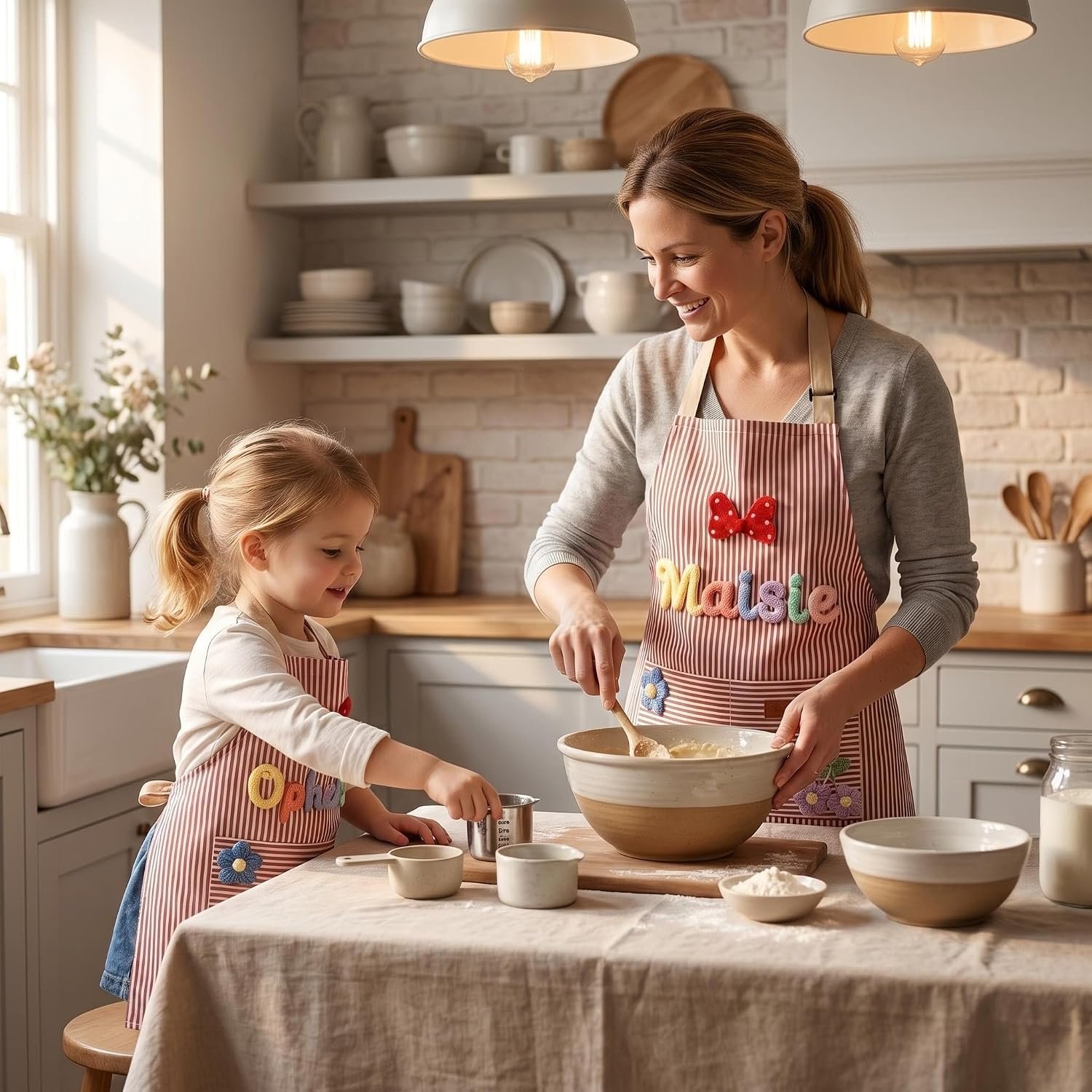 Customizable personalized aprons in adult and child sizes with printed names; these waterproof aprons for kitchen cooking, baking, painting feature pockets and adjustable straps, ideal for home use. - Image 2