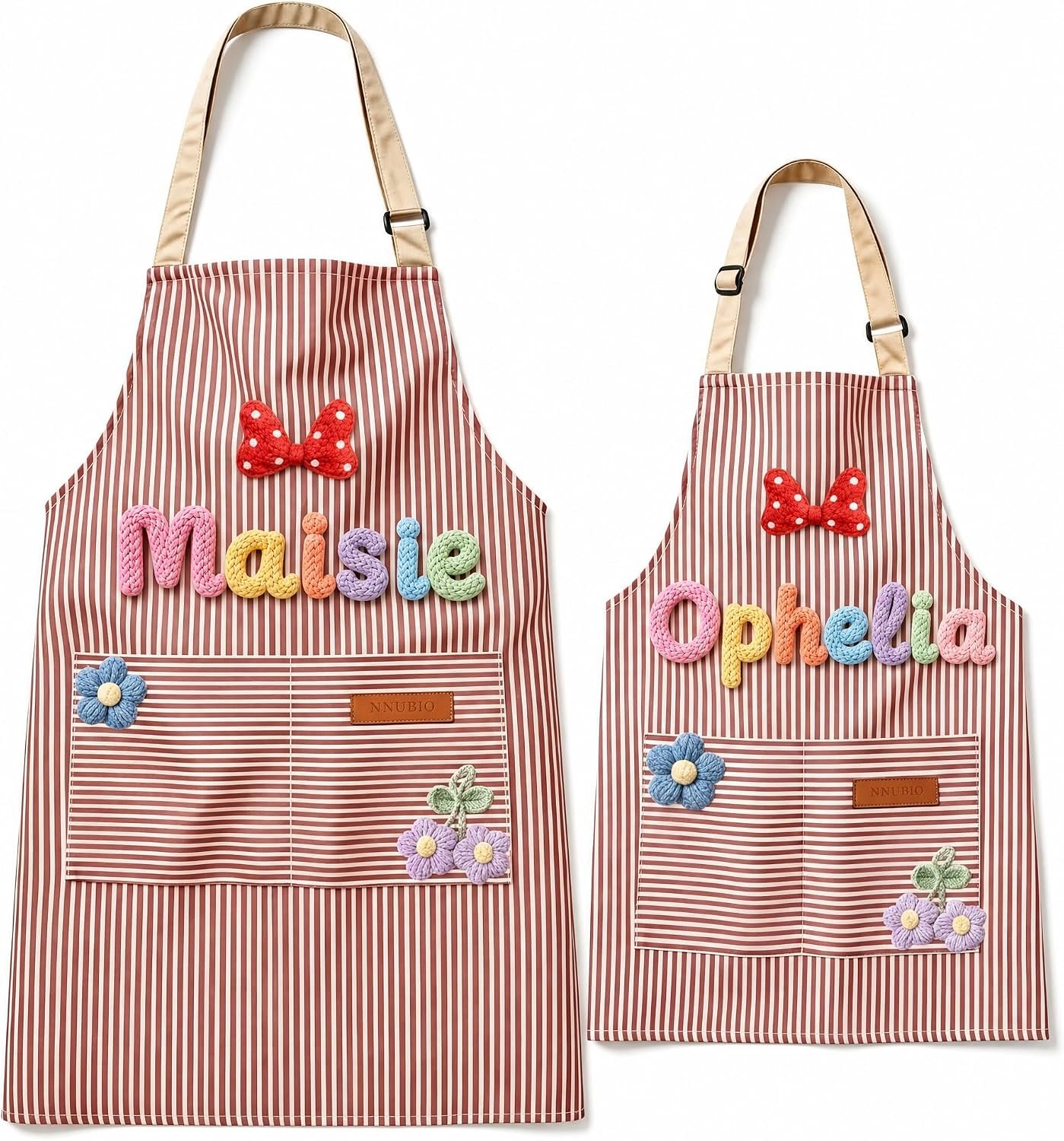 Customizable personalized aprons in adult and child sizes with printed names; these waterproof aprons for kitchen cooking, baking, painting feature pockets and adjustable straps, ideal for home use.