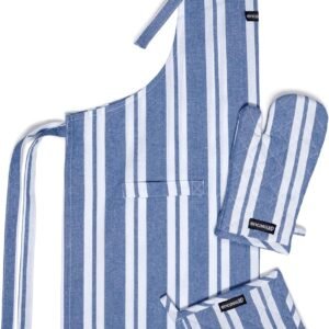 Encasa XO Kitchen Apron with Oven Gloves & Potholder - Combo Set -100% Cotton - Heat Resistant