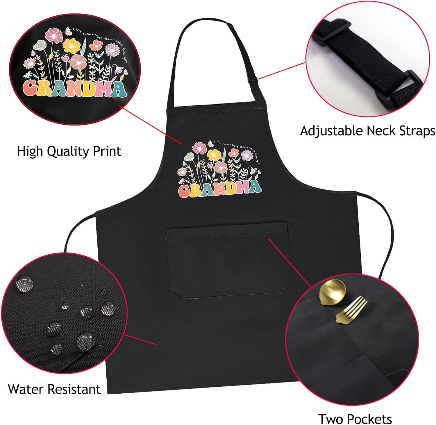 Floral Apron for Women with 2 Pockets, Adjustable Apron for Cooking BBQ Baking, Gifts for Mother's Day Christmas - Image 2