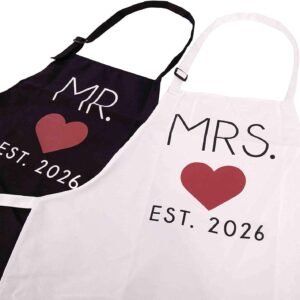 GSM Brands Mr. and Mrs. Couples Kitchen Aprons (2-Piece Set) Cute Cooking Bibs for Newlyweds