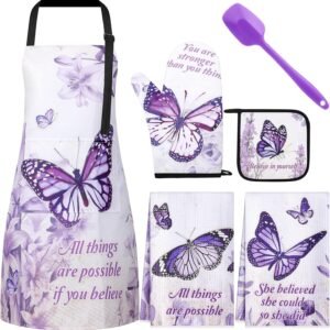 Hoolerry 6 Pcs Purple Kitchen Decor Baking Accessories Religious Cooking Aprons Dish Towels Oven Mitts and Pot Holders Sets with Silicone Spatula for Women Wife Grandma Cooking Baking Gifts
