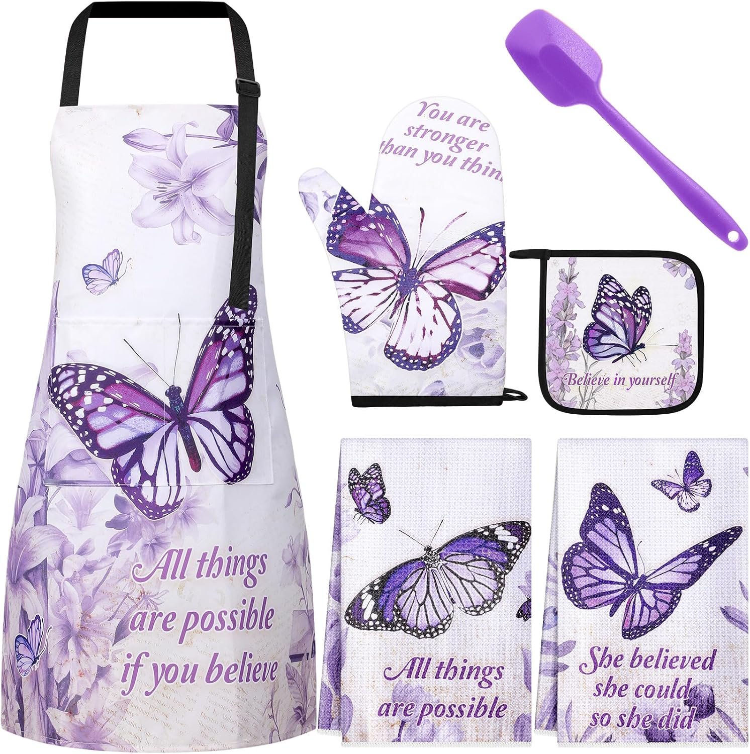 Hoolerry 6 Pcs Purple Kitchen Decor Baking Accessories Religious Cooking Aprons Dish Towels Oven Mitts and Pot Holders Sets with Silicone Spatula for Women Wife Grandma Cooking Baking Gifts