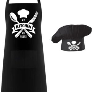 Hyzrz Chef Apron Hat Set,Adjustable Chef Hat and Apron Baker Costume with Pocket for Kitchen Grill BBQ Fathers Mothers Gift