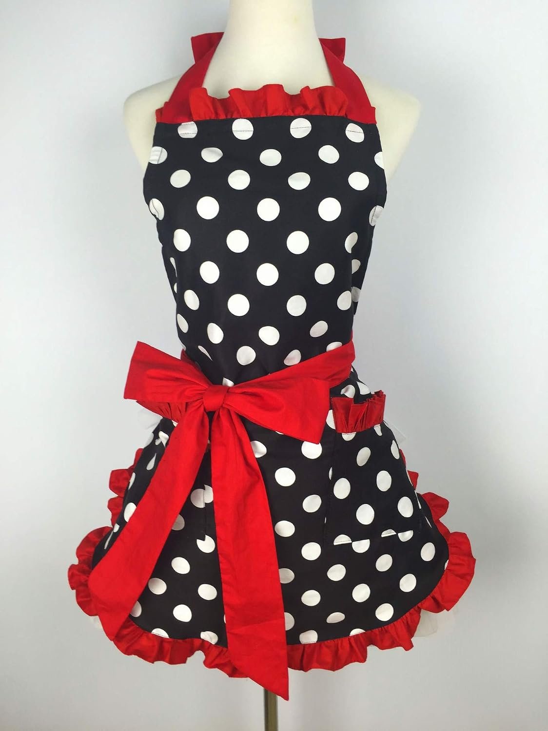 Hyzrz Cute Apron Retro Black Polka Dot Retro Ruffle Side Vintage Cooking Aprons with Pockets for Women Girls (Side Red) - Image 2