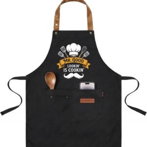 INNORU Mr Good Lookin' is Cookin' Sign Apron with Pockets, Funny Cooking Baking Barbecue Apron Adjustable, Oilproof Ideal Kitchen Supplies