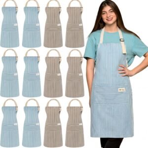 Janmercy 12 Pcs Striped Aprons Bulk Adjustable Kitchen Striped Apron with 2 Pockets Soft Chef Apron for Women Men Chef Gift