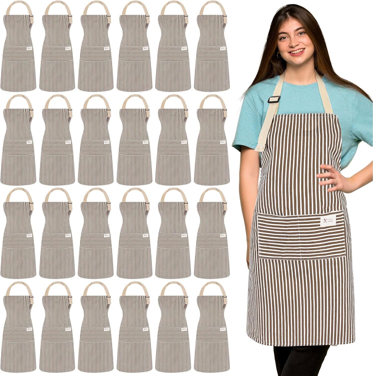 Janmercy 24 Pcs Aprons for Women Men with 2 Pockets Linen Cooking Kitchen Apron Adjustable Bib Chef Apron Bulk Aprons Unisex