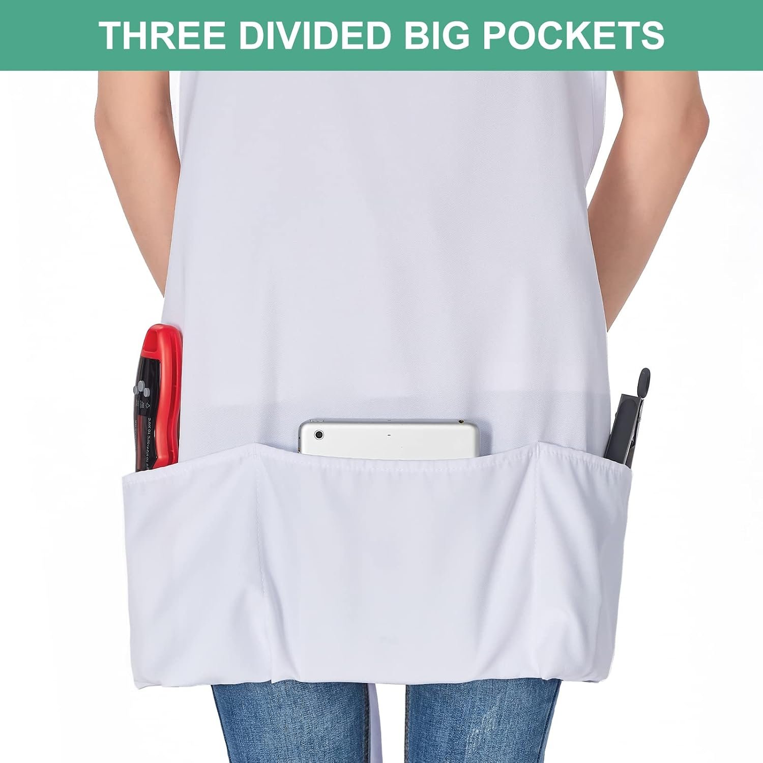 Jubatus 2 Pack 3 Pockets Adjustable Bib Apron Chef Kitchen Cooking Aprons for Women Men, White - Image 2