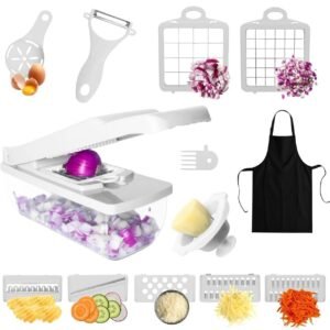 Kalmat Dynamics Food Chopper and Vegetable Slicer, 16-in-1 Multi-Function Kitchen Chopper with 7 Blades and Container, Free Black Cooking Apron (White+Green)