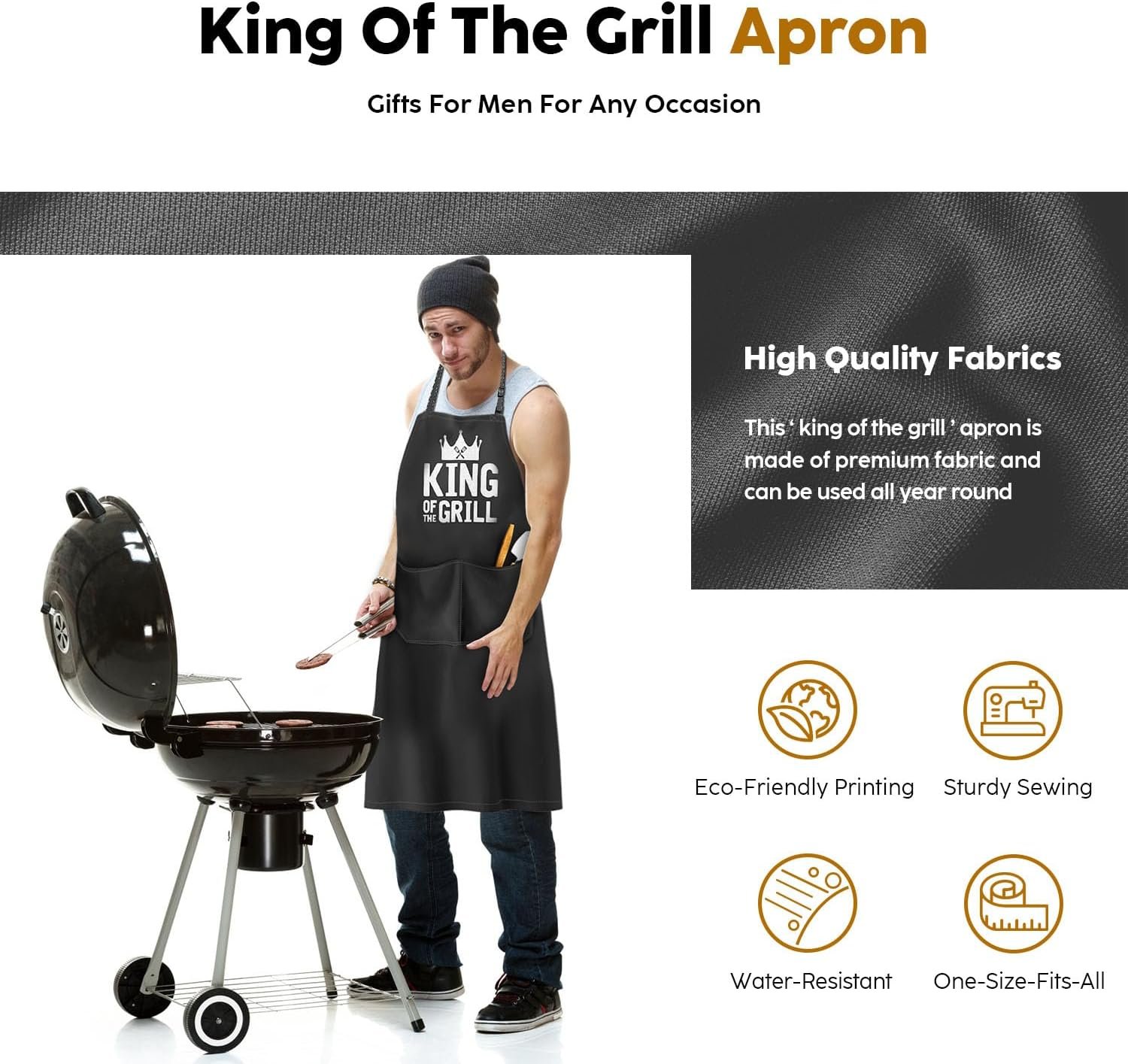 Kitchen Apron Gift for Men, BBQ Grilling Apron with 2 Pockets, Funny Birthday Christmas for Father Dda Husband Boyfriend, Water & Oil Resistant Protective Fabric, Adjustable Professional Chef Apron - Image 2