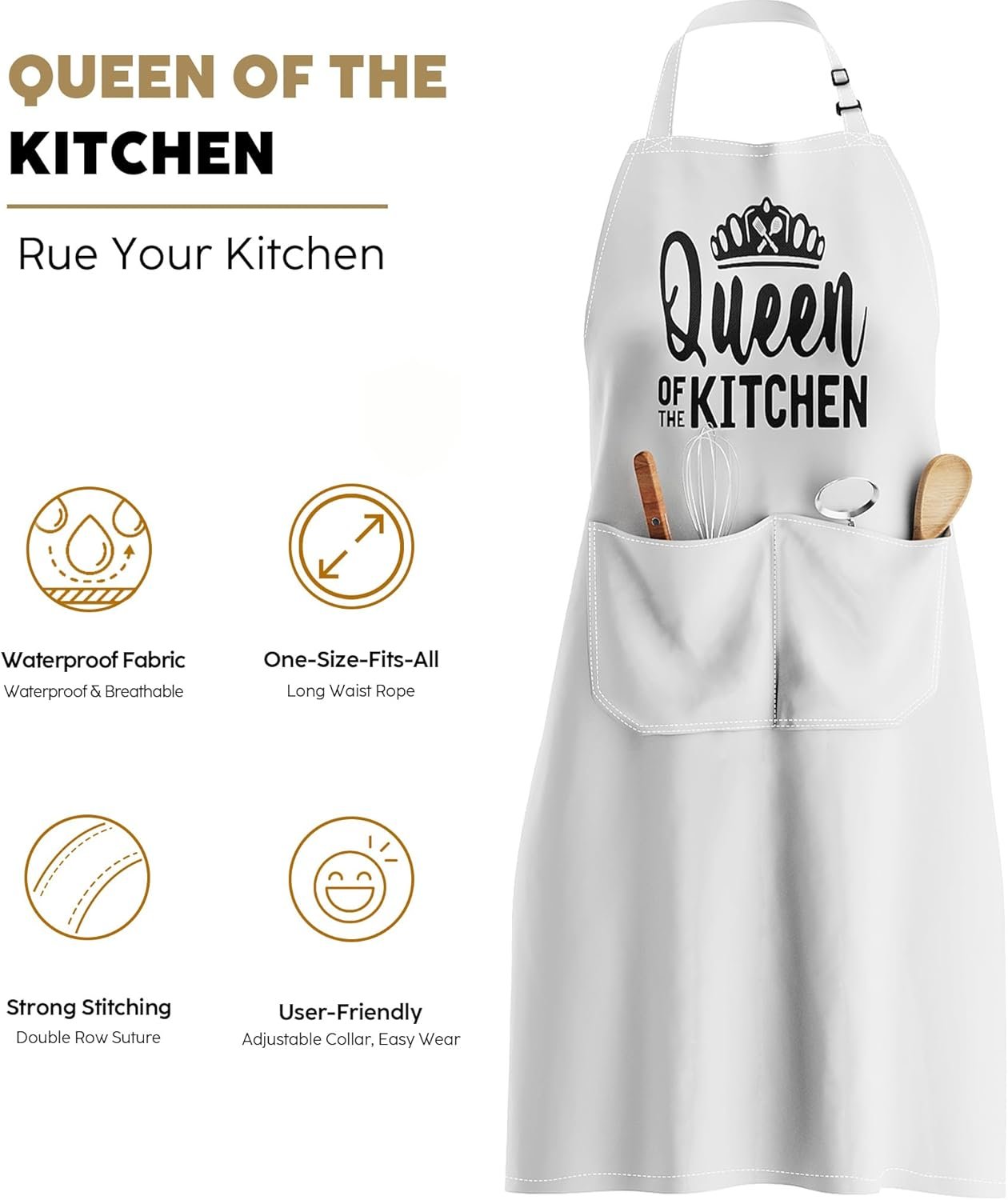 Kitchen Apron Gift for Women - Queen of the Kitchen Apron with 2 Pockets, Funny Birthday mothers day Gifts for Mom Wife - Water & Oil Resistant Protective Fabric, Adjustable Professional Chef Apron - Image 2