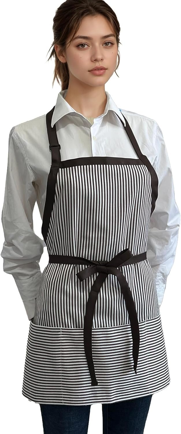 Kitchen Apron with 3 Pocket, Adjustable Server Apron, Waitress Apron with Pockets Stripes