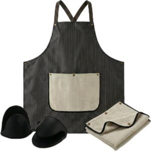 Kitchen Apron with Large Detachable Hand Towel & Black Oven Mitts, Waterproof Black Pinstripe Chef Bib with Kangaroo Pocket, Cross Back Adjustable Strap for Men Women, Dishwashing, Cooking & BBQ Gift