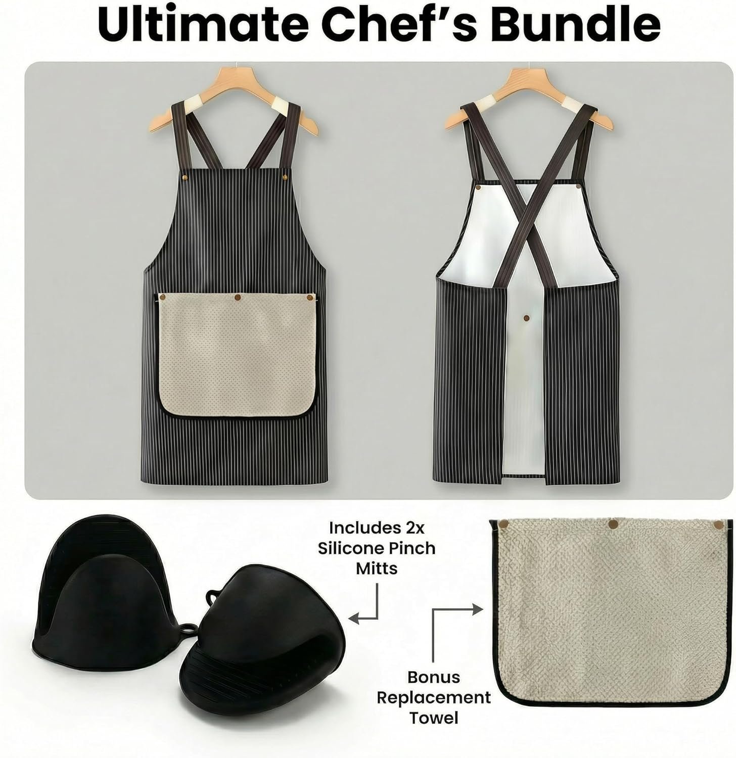 Kitchen Apron with Large Detachable Hand Towel & Black Oven Mitts, Waterproof Black Pinstripe Chef Bib with Kangaroo Pocket, Cross Back Adjustable Strap for Men Women, Dishwashing, Cooking & BBQ Gift - Image 2