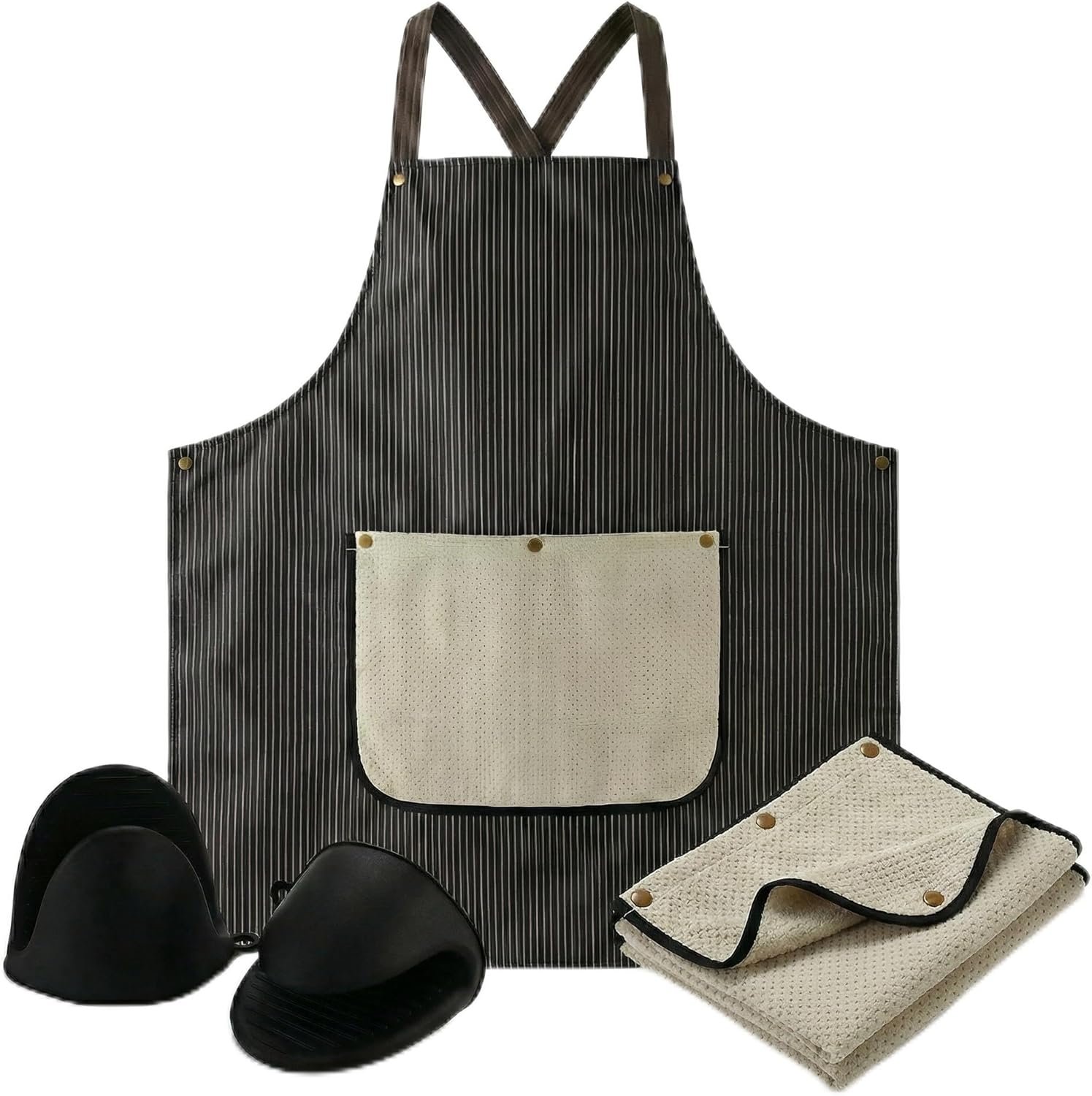Kitchen Apron with Large Detachable Hand Towel & Black Oven Mitts, Waterproof Black Pinstripe Chef Bib with Kangaroo Pocket, Cross Back Adjustable Strap for Men Women, Dishwashing, Cooking & BBQ Gift