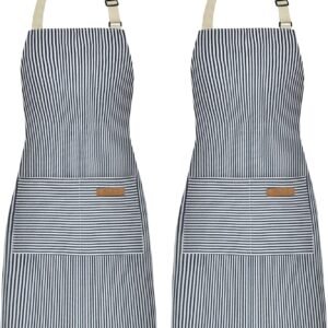 NLUS 2 Pack Cooking Aprons for Women with Pockets, Adjustable Kitchen Bib Aprons Chef Aprons for Women Men(Blue Pinstripes)