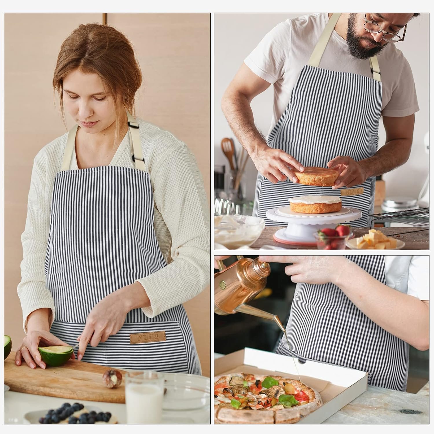 NLUS 2 Pack Cooking Aprons for Women with Pockets, Adjustable Kitchen Bib Aprons Chef Aprons for Women Men(Blue Pinstripes) - Image 2
