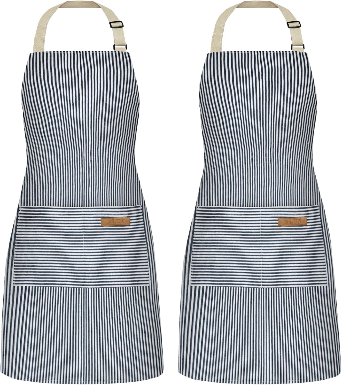 NLUS 2 Pack Cooking Aprons for Women with Pockets, Adjustable Kitchen Bib Aprons Chef Aprons for Women Men(Blue Pinstripes)
