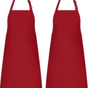 NLUS 2 Pack Kitchen Aprons with 2 Pockets for Women Men, Chef Aprons for Baking BBQ Cooking, Red
