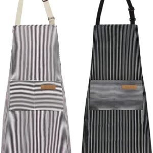 NLUS 2 Pack Kitchen Cooking Aprons, Adjustable Bib Soft Chef Apron with 2 Pockets for Men Women (Brown/Dark Black Strips)