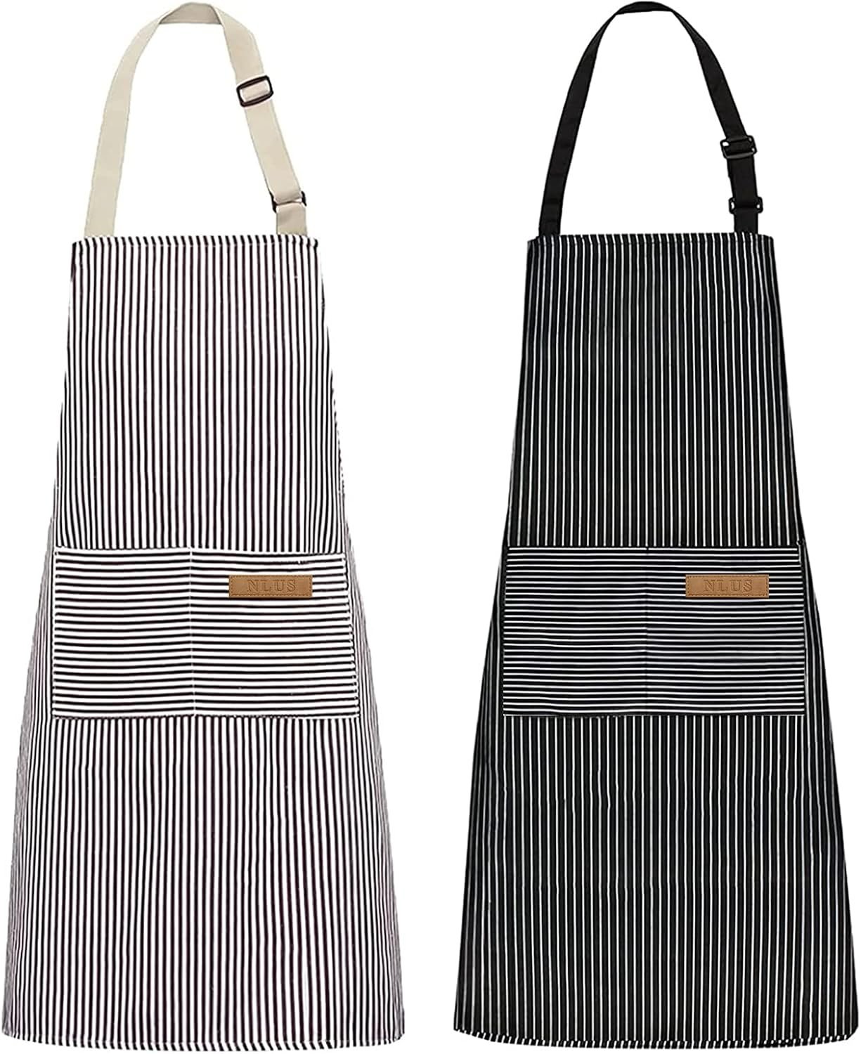NLUS 2 Pack Kitchen Cooking Aprons, Adjustable Bib Soft Chef Apron with 2 Pockets for Men Women (Brown/Dark Black Strips)