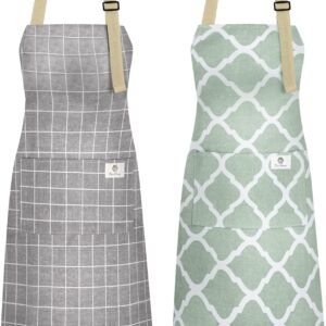 NLUS 2 Pack Kitchen Cooking Aprons, Adjustable Bib Waterproof Chef Apron with 2 Pockets for Men Women(Green Plaid/Grey Plaid)