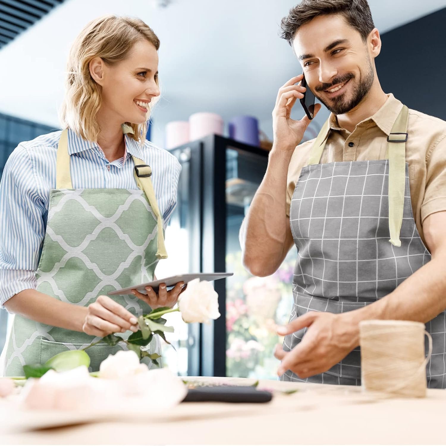 NLUS 2 Pack Kitchen Cooking Aprons, Adjustable Bib Waterproof Chef Apron with 2 Pockets for Men Women(Green Plaid/Grey Plaid) - Image 2