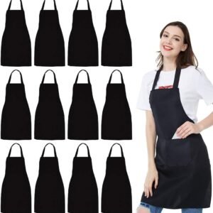 NOBONDO 12 Pack Bib Apron - Unisex Black Apron Bulk with 2 Roomy Pockets Machine Washable for Kitchen Crafting BBQ Drawing
