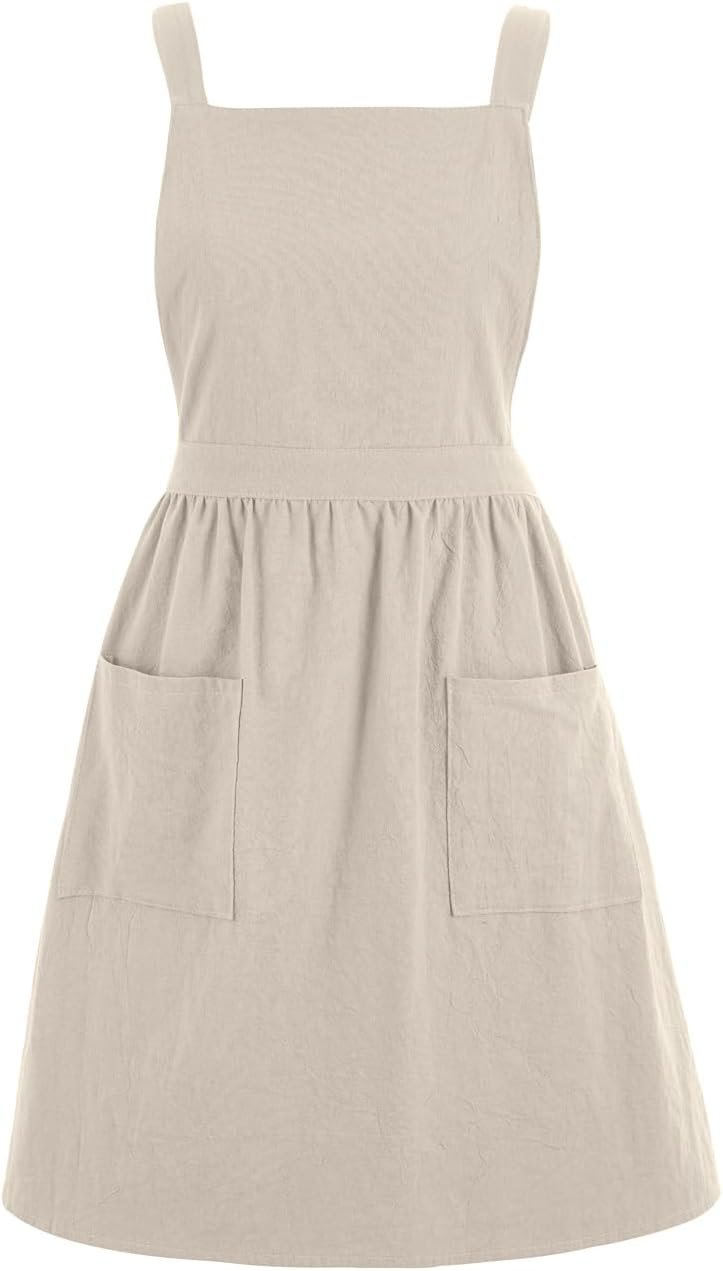 Pinknoke Cotton Linen Pinafore Apron Dress for Women with Pockets Cute Art Chef Aprons for Kitchen Baking Gardening Painting