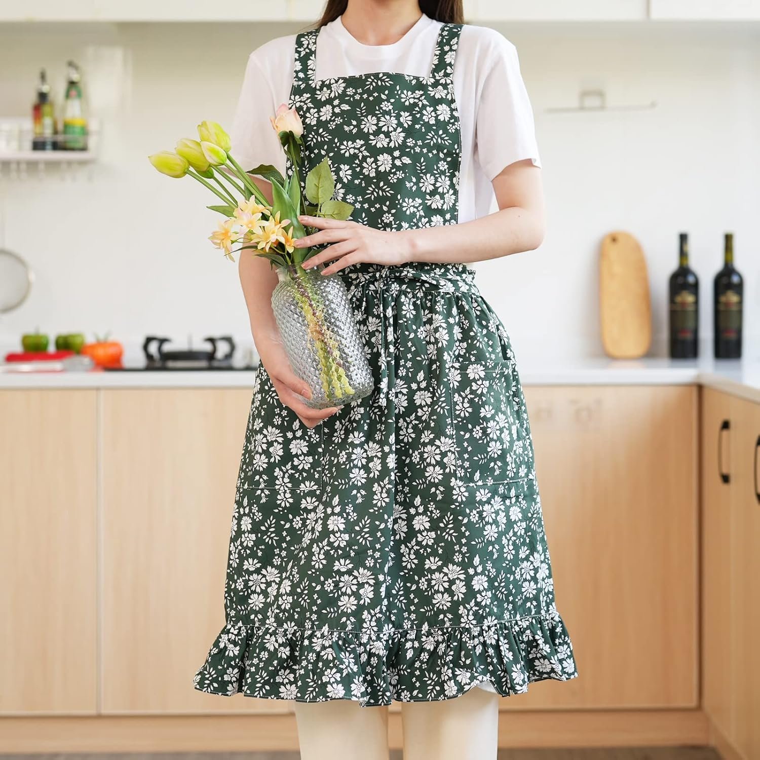 Pinknoke Vintage Pinafore Apron Dress for Women with Pockets Cute Floral Chef Aprons for Kitchen Cooking Baking Gardening - Image 2