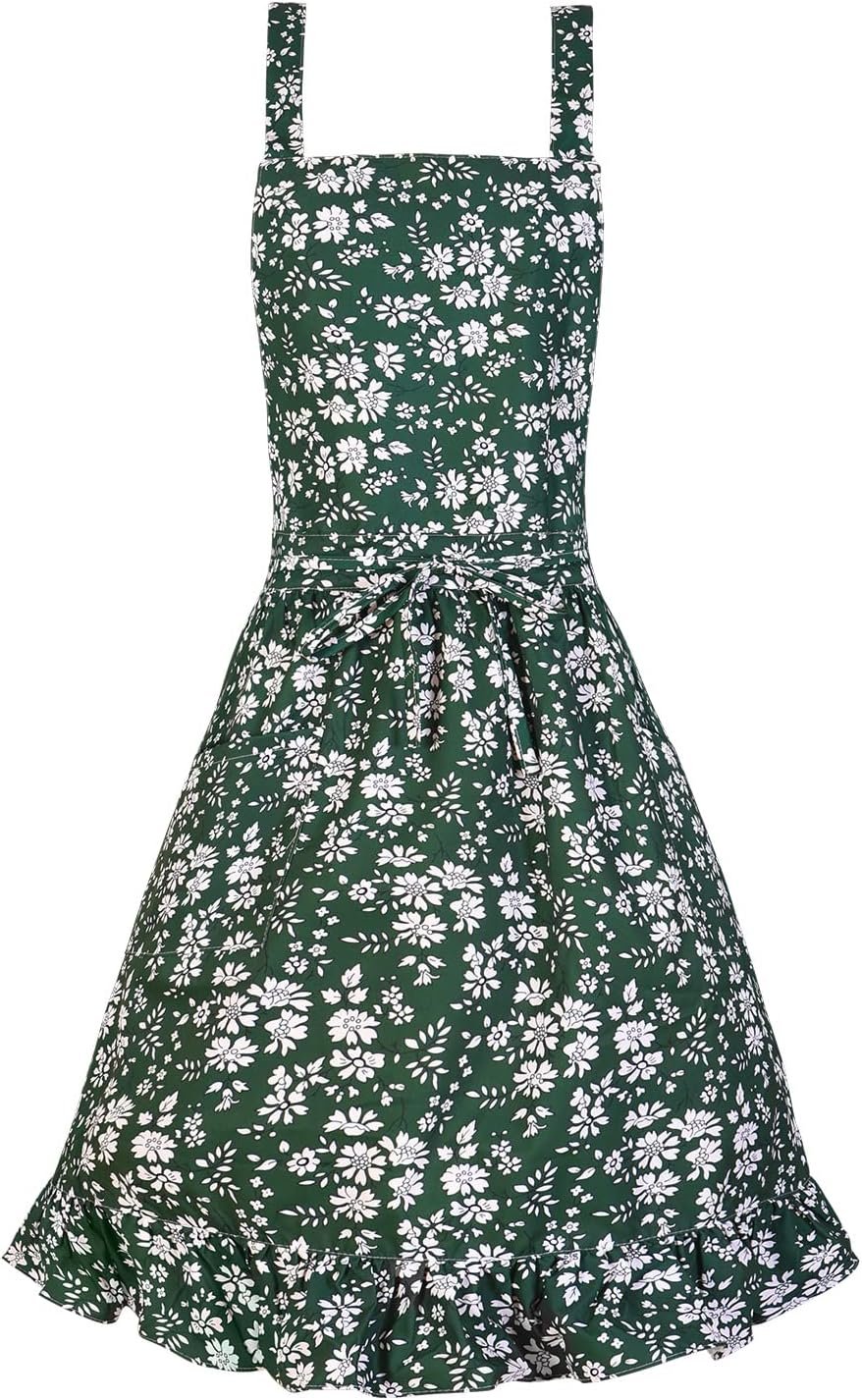 Pinknoke Vintage Pinafore Apron Dress for Women with Pockets Cute Floral Chef Aprons for Kitchen Cooking Baking Gardening