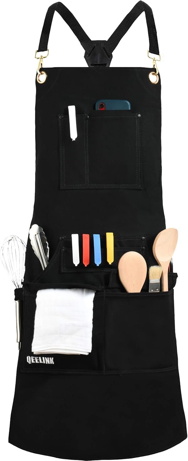 QeeLink Professional Grade Chef Apron for Kitchen, BBQ and Grill with 10 Tool Pockets - Water Resistant Canvas Apron with Quick Release Buckle, Adjustable M to XXXL for Men & Women, Black