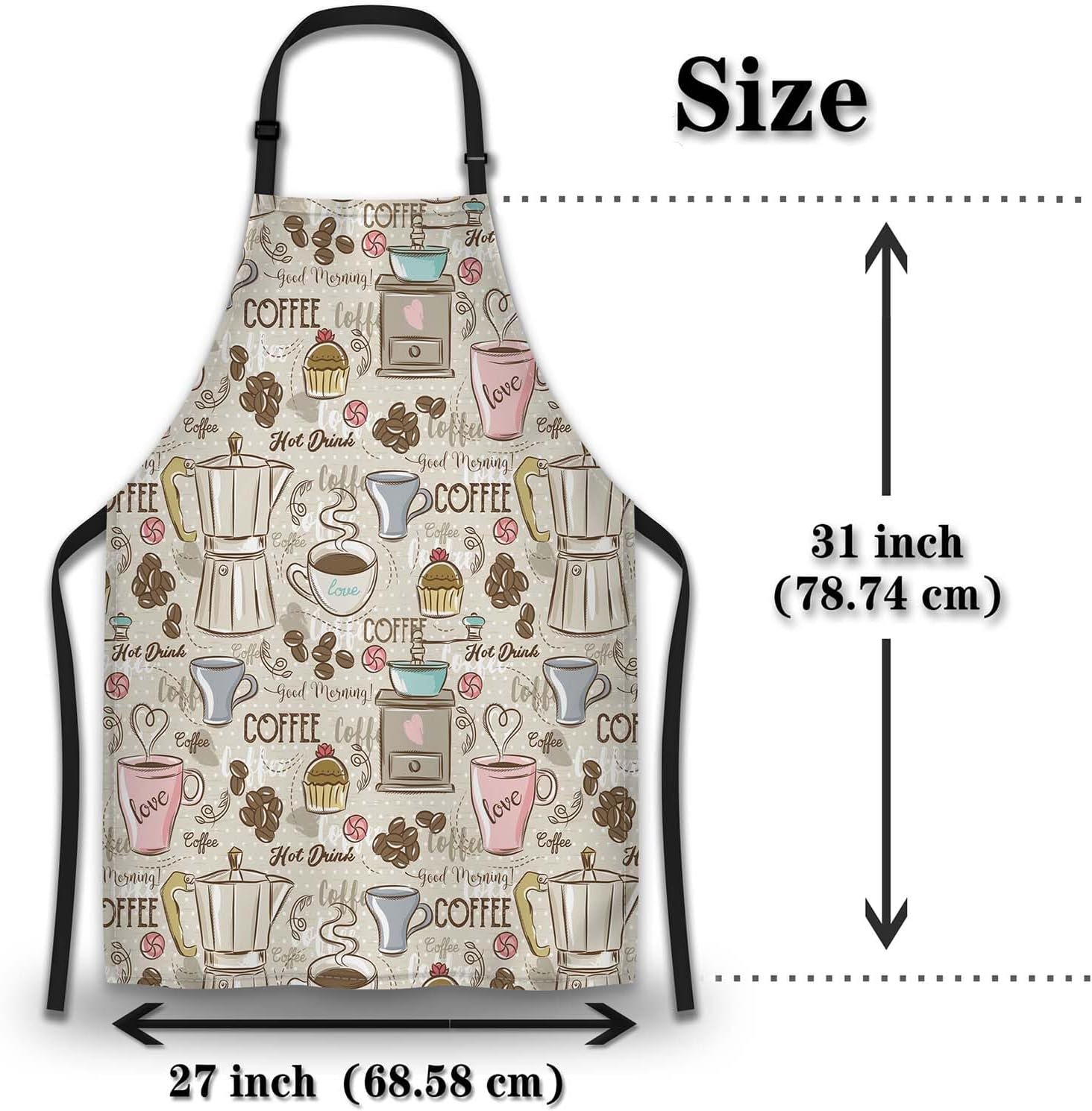 Retro Apron for Women Coffee Set Patterns Mans Aprons for Grilling for Kitchen Cooking Restaurant BBQ Painting Crafting Gardening 27” (W) x 31” (H), Waterproof Aprons - Image 2
