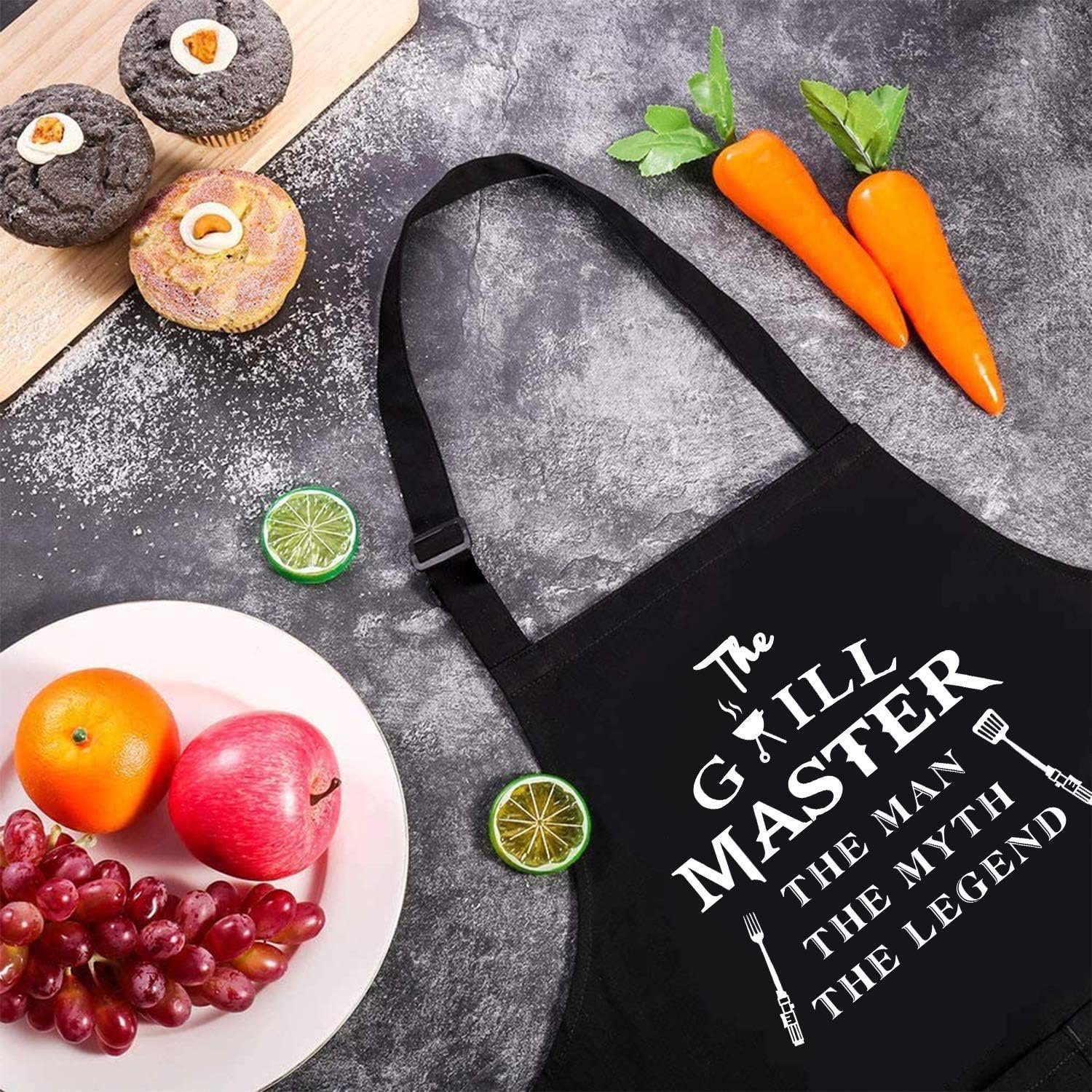 Rosoz Funny Aprons for Men - The Grill Master, The Man The Myth The Legend - Cooking Grilling BBQ Chef Apron for a Husband, Dad Gifts, Waterproof Oil Proof Black Apron with 2 Pockets - Image 2