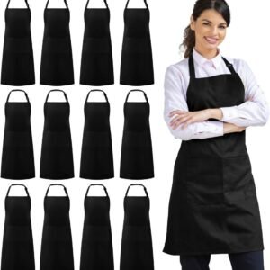 Syntus 12 Pack Bib Apron, Unisex Aprons Adjustable Waterdrop Resistant with 2 Pockets Cooking Kitchen Apron for Chef, BBQ Drawing Apron Bulk, Black