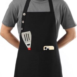 TOSHE Kitchen Apron Waterdrop Resistant Cotton Apron with adjustable Aprons for Women with Pockets 10 Color option Cooking Black Apron (Black)