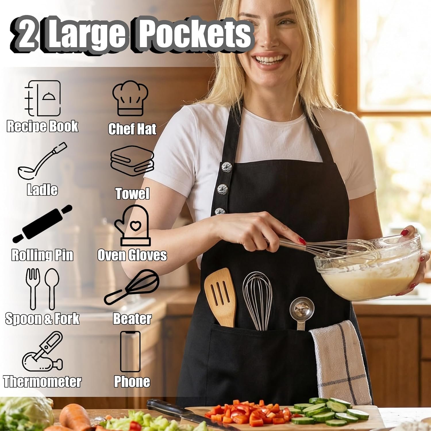 TOSHE Kitchen Apron Waterdrop Resistant Cotton Apron with adjustable Aprons for Women with Pockets 10 Color option Cooking Black Apron (Black) - Image 2