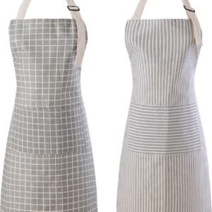 Tosewever 2 Pieces Kitchen Cooking Aprons, Waterproof Linen Adjustable Bib Aprons with 2 Pockets for Women Men Chef (Grey Stripes/Plaids, 2)