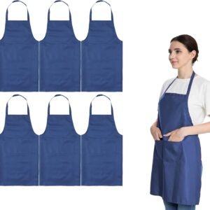 Total 6PCS Blue Bib Apron Adult with 2 Pockets for Women Men Chef Cooking Kitchen (6, Deep Blue)