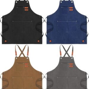 Toulite 4 Pack Canvas Chef Apron for Men with Adjustable Strap Cross Back Cotton Barber Apron with Pocket, 26 x 30''