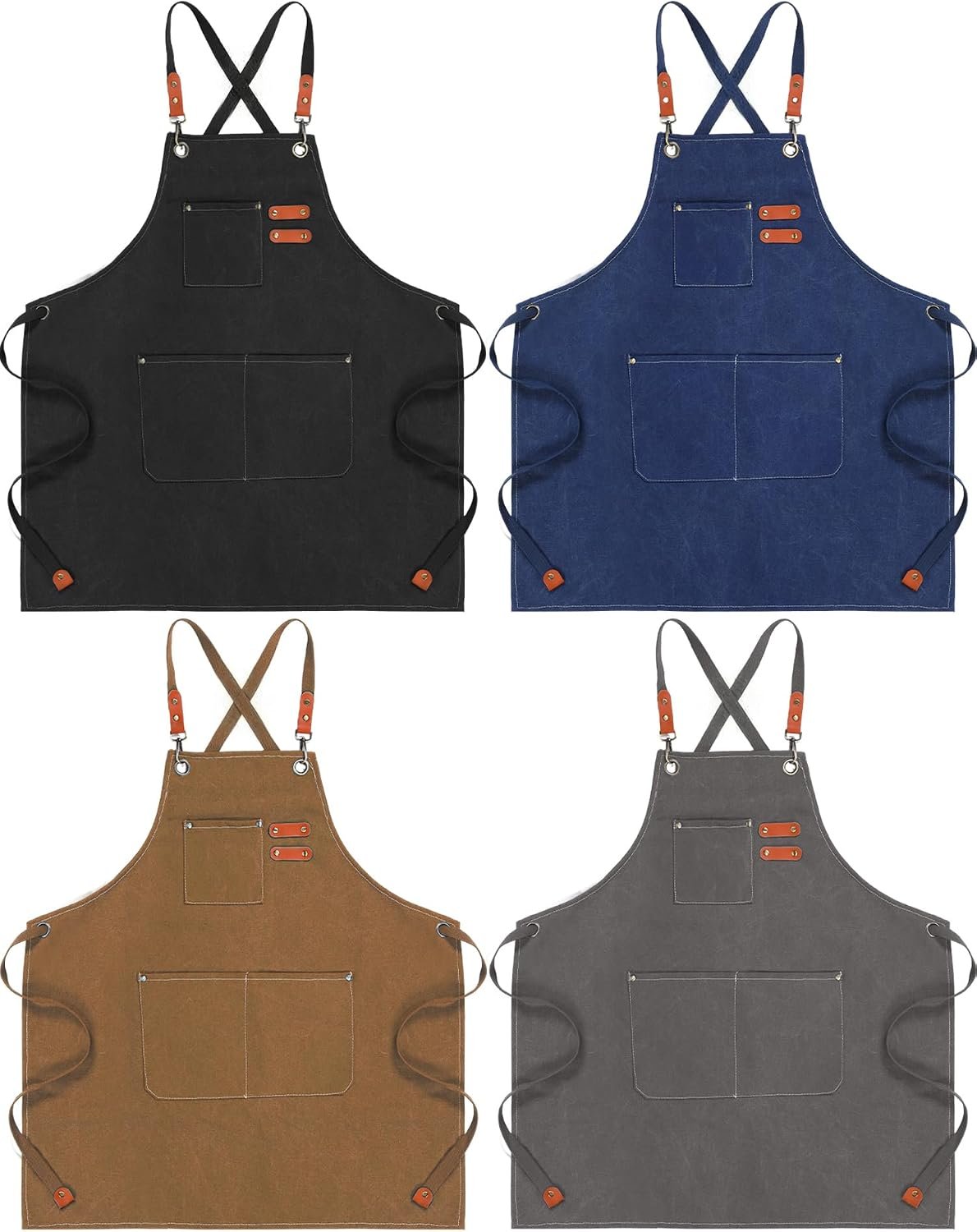 Toulite 4 Pack Canvas Chef Apron for Men with Adjustable Strap Cross Back Cotton Barber Apron with Pocket, 26 x 30''