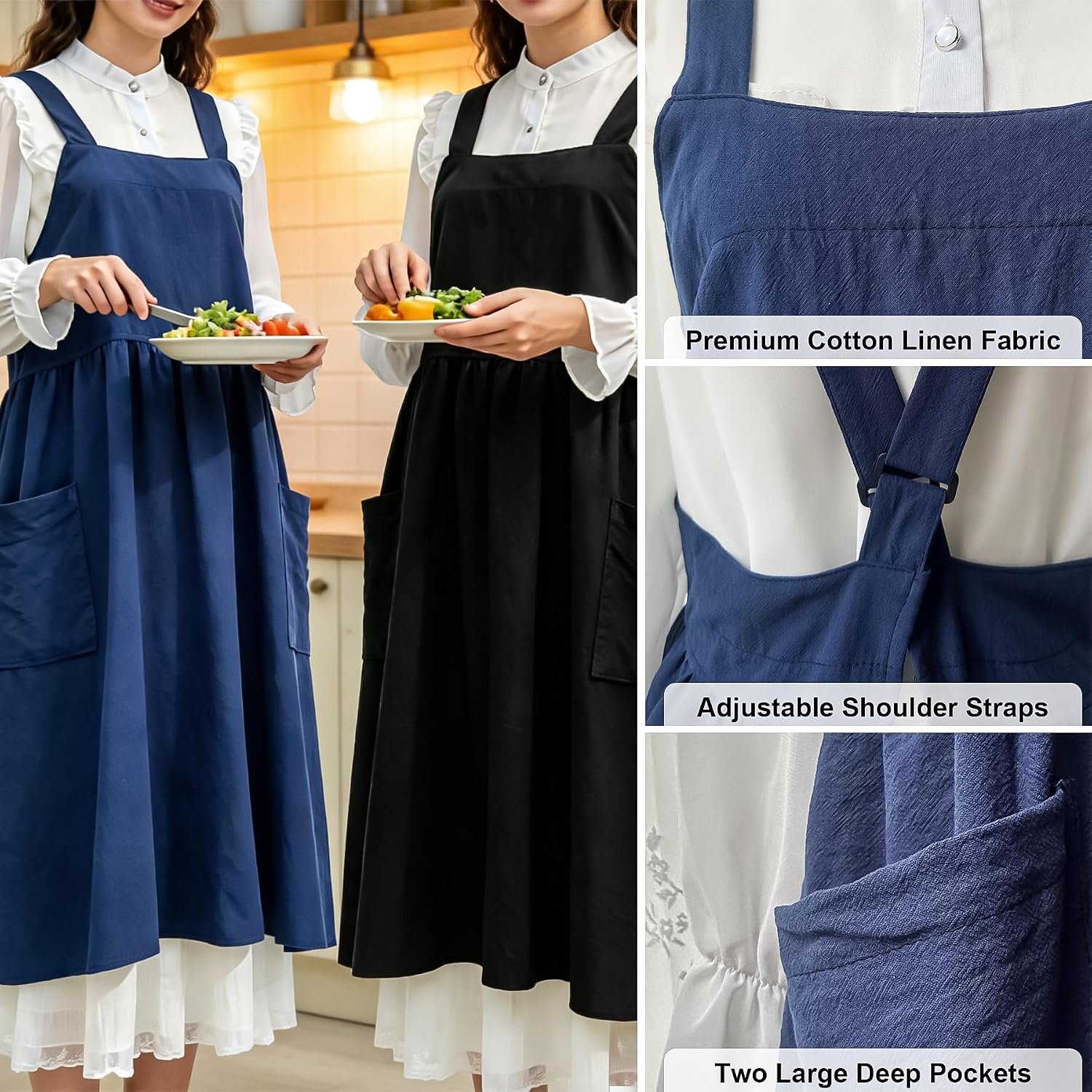 Uaussi Cotton Linen Apron Cross Back Work Apron for Women with Pockets Pinafore Dress X Cross Halter Apron for Chef Gardening - Image 2