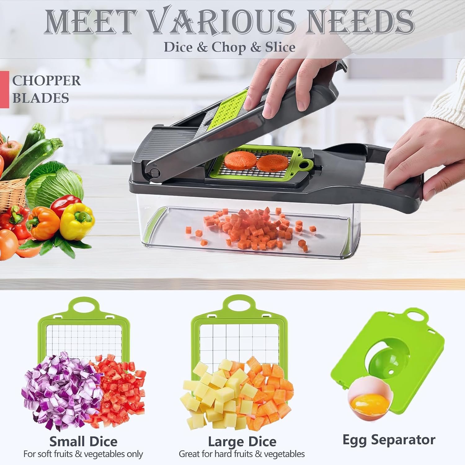 Vegetable Chopper Dicer with Container | Cheese Grater Mandoline Slicer Cabbage Shredder French Fry Cutter Stainless Steel for Veggie Onion Potato Fruit Food, Manual Hand Cooking Gadget for Kitchen - Image 2