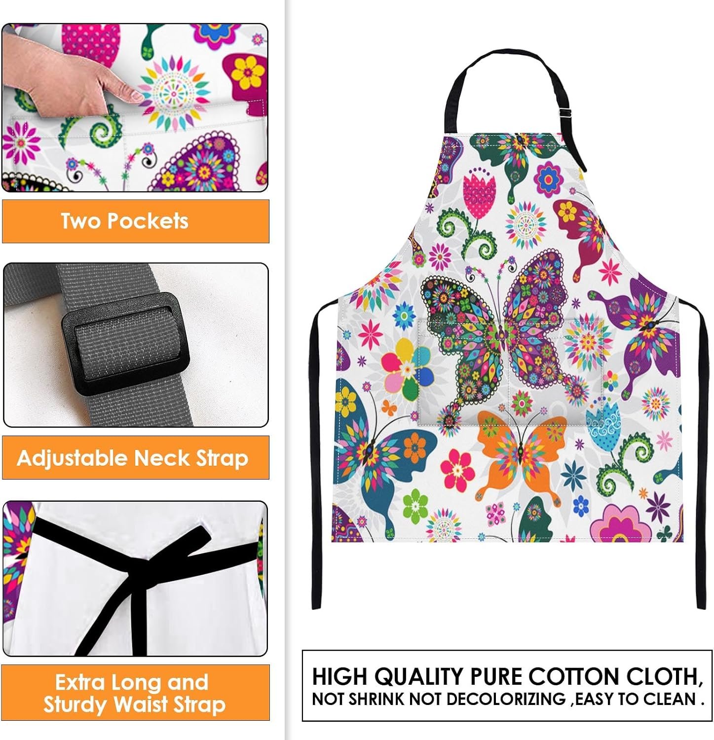 Britimes Butterfly Apron Floral Colorful Butterflies Flowers Aprons Kitchen Cooking Gardening for Women With Pockets - Image 3