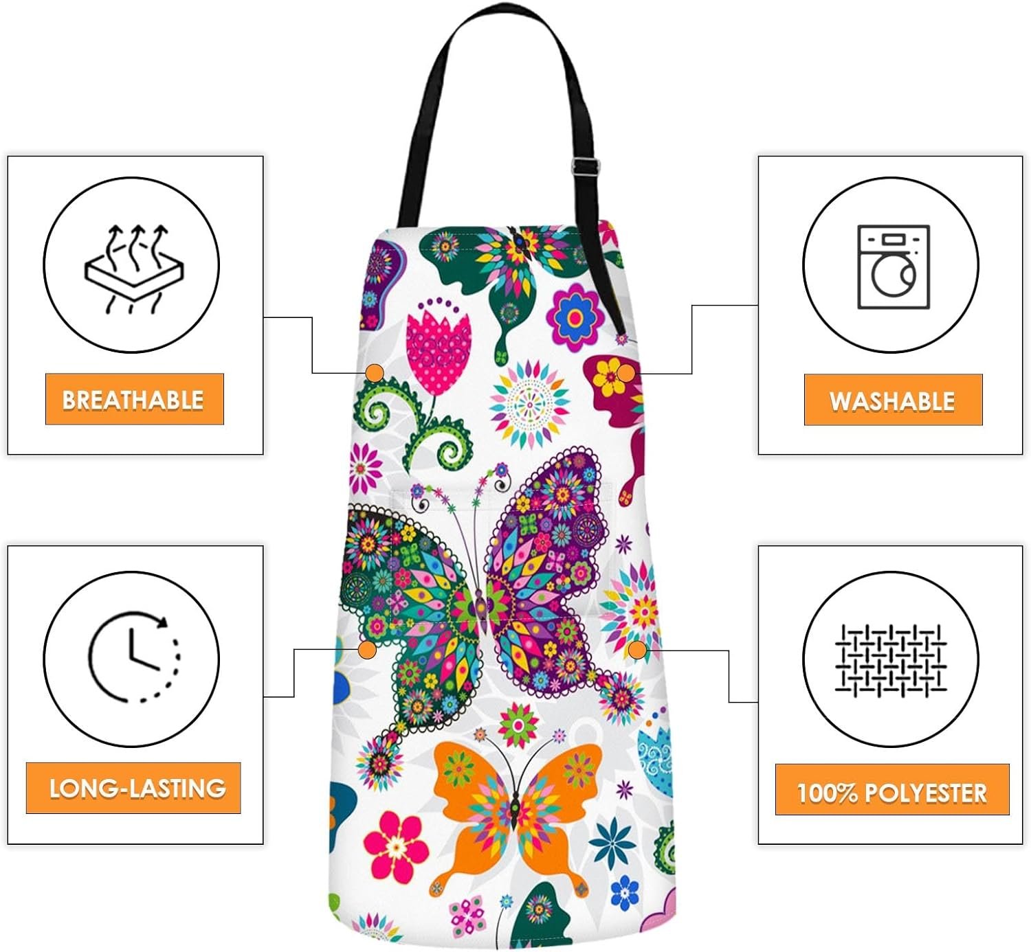 Britimes Butterfly Apron Floral Colorful Butterflies Flowers Aprons Kitchen Cooking Gardening for Women With Pockets - Image 4