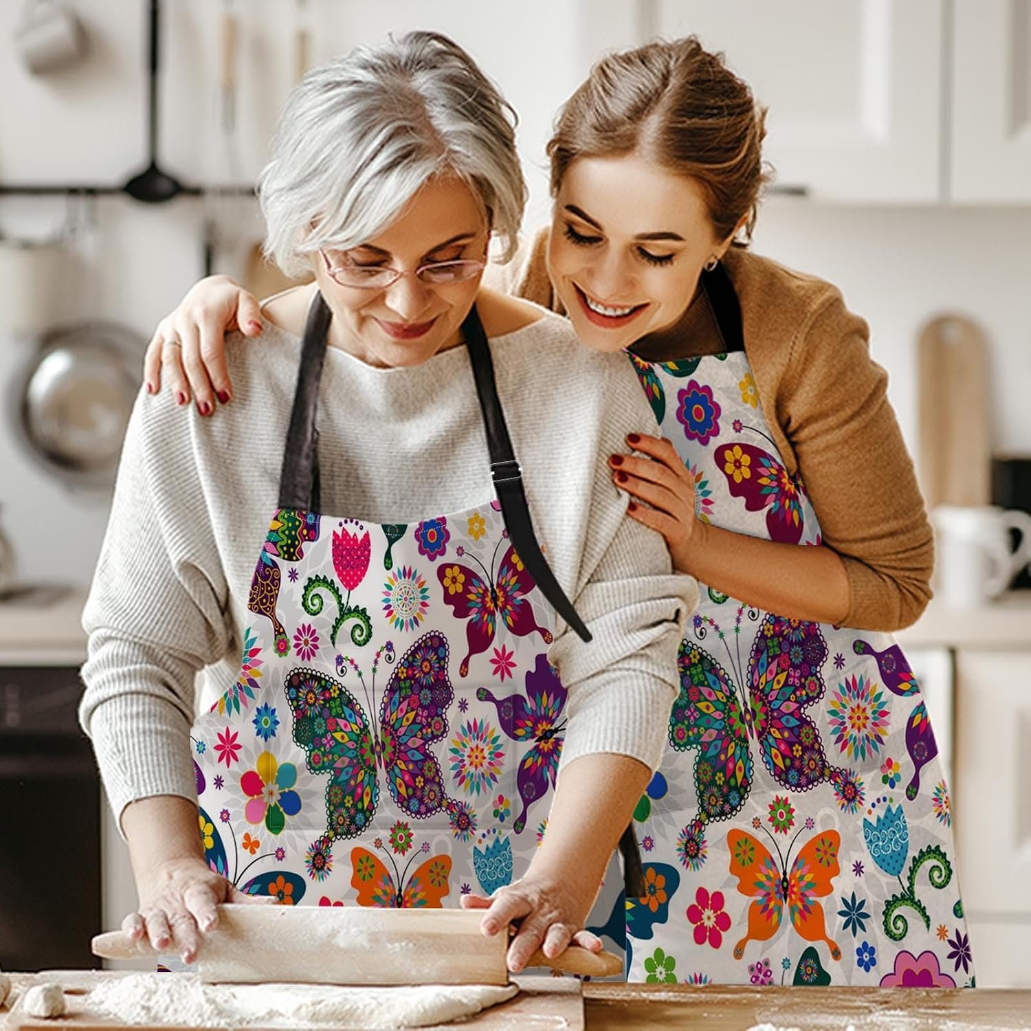 Britimes Butterfly Apron Floral Colorful Butterflies Flowers Aprons Kitchen Cooking Gardening for Women With Pockets - Image 5