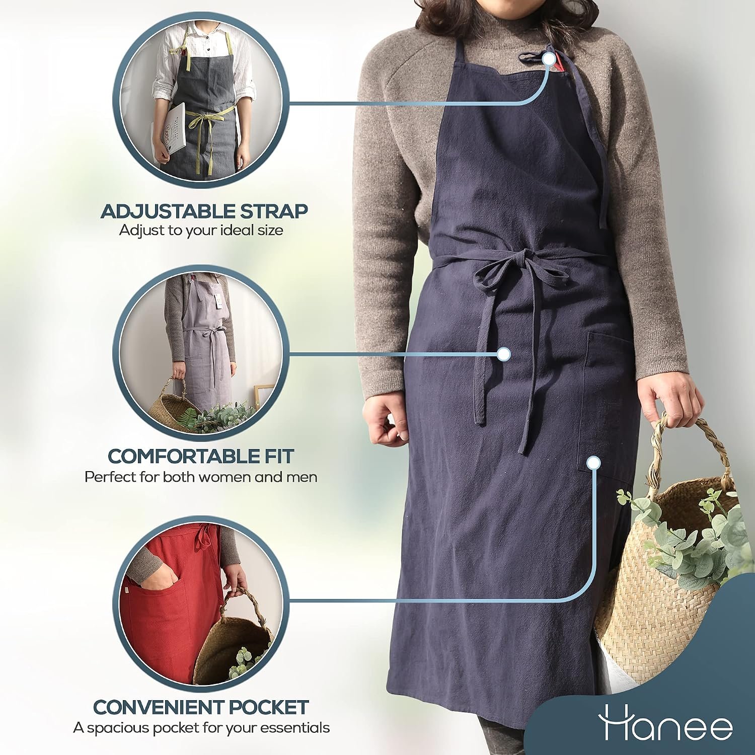 HANEE Kitchen Apron for Women & Men (9 Colors) Linen Cooking Aprons with pocket - Image 3