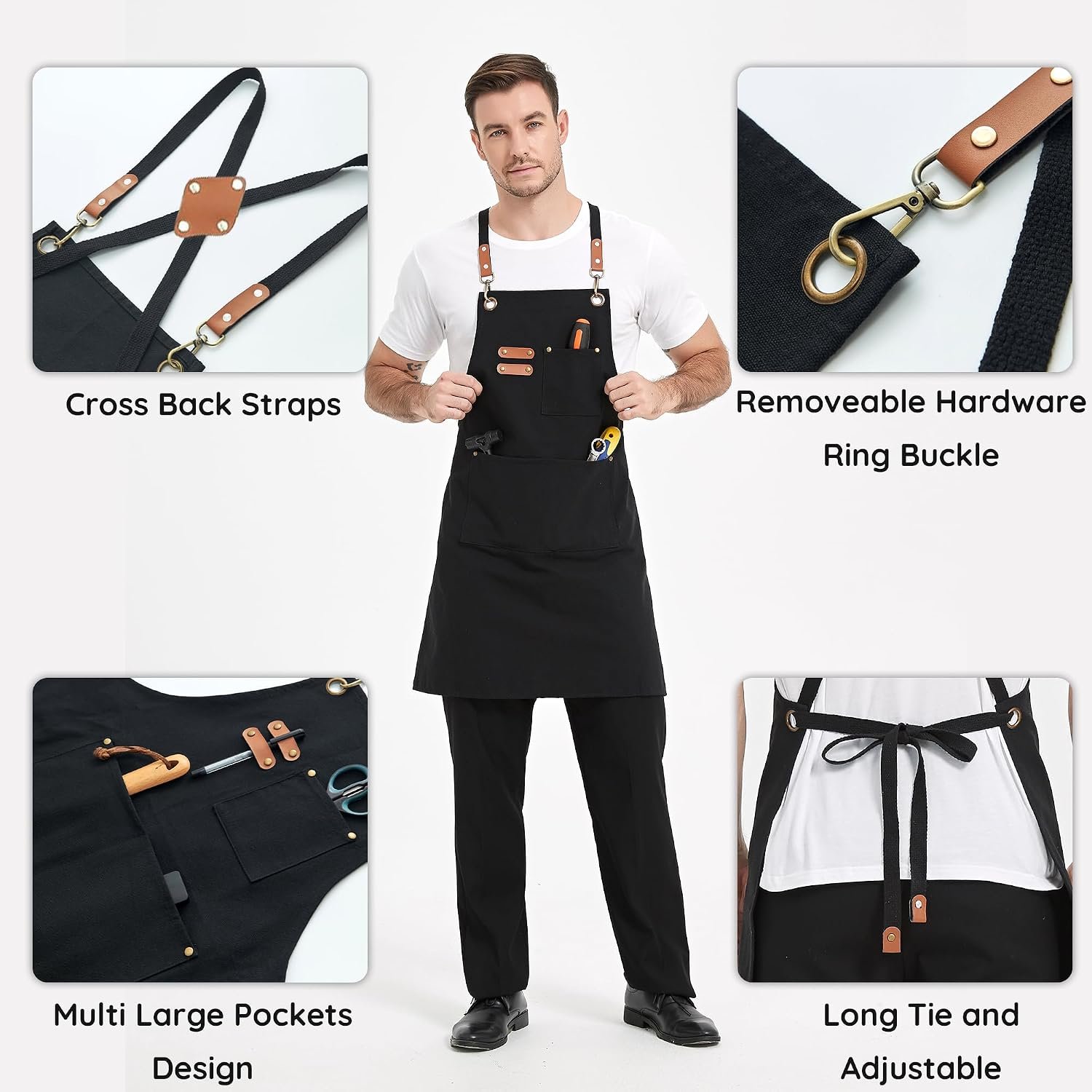Plus Size Canvas Aprons, Kitchen Chef Aprons, Unisex Heavy Duty Work Apron, Adjustable Strap Apron with Pockets - Image 4