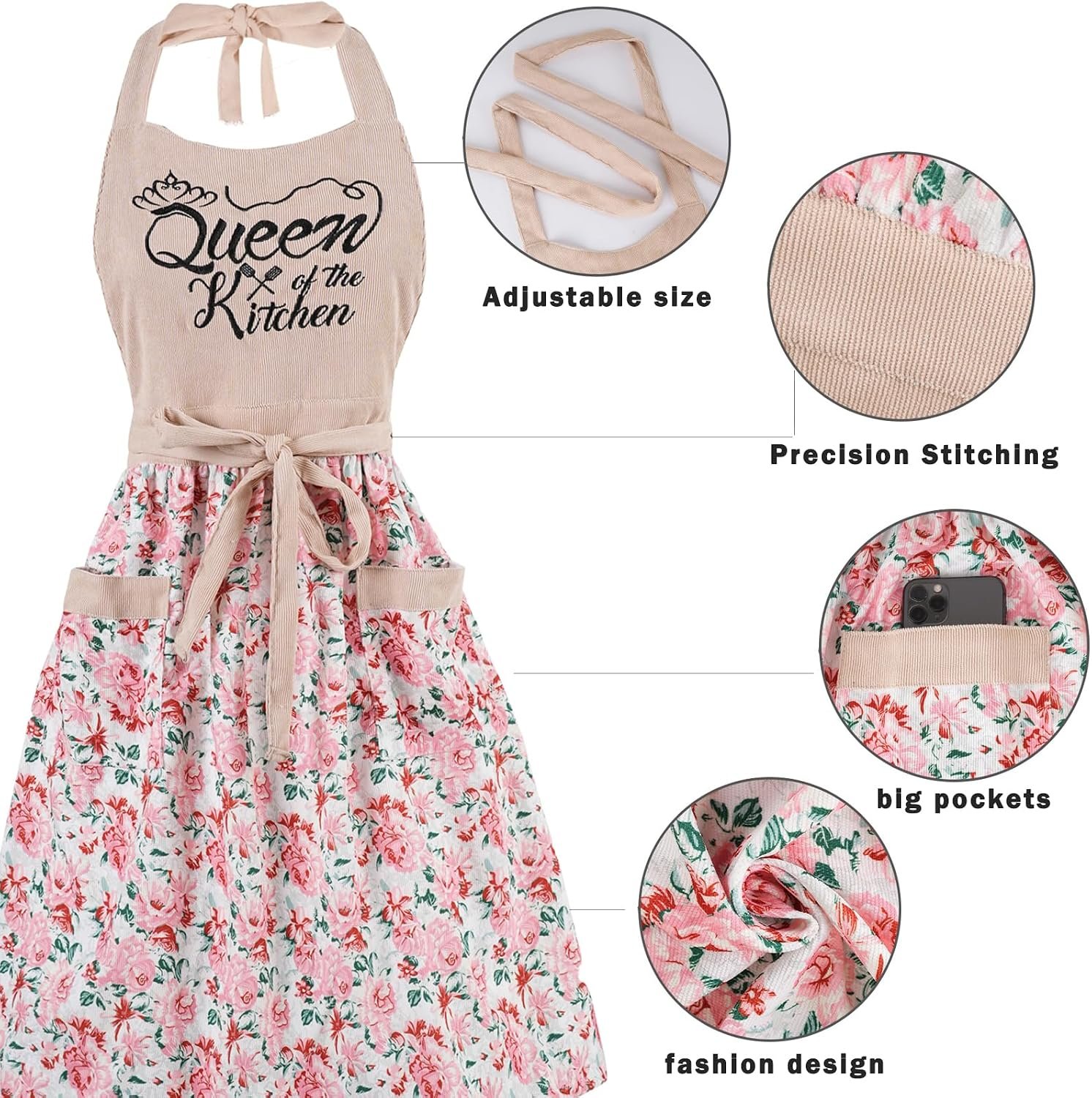 Cute Floral Aprons for Women with Pockets,Cotton Adjustable Neck Strap Apron for Kitchen Cooking Baking Gardening - Image 4